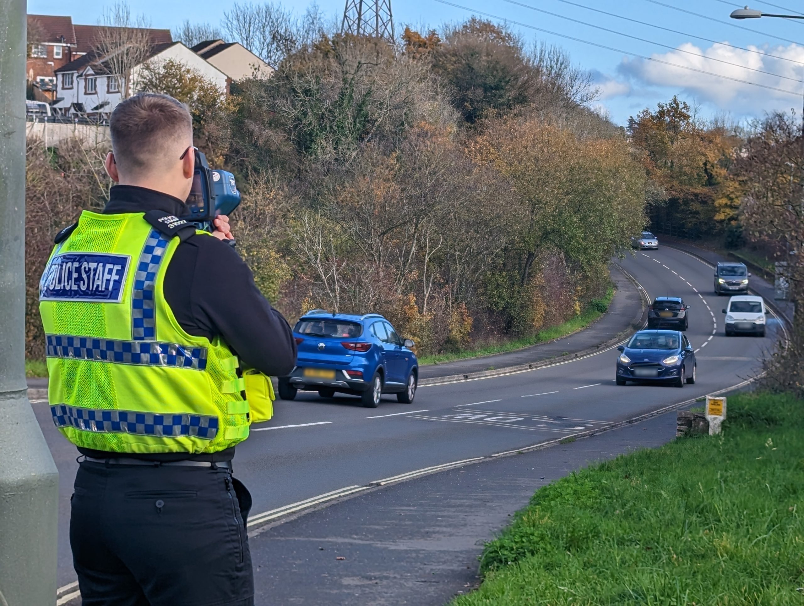 A Devon & Cornwall Police Speed Detection Officer monitoring speed on Browns Bridge Road in Torquay