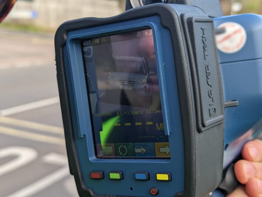 A Devon & Cornwall Police Speed Detection Officer monitoring speed on Browns Bridge Road in Torquay